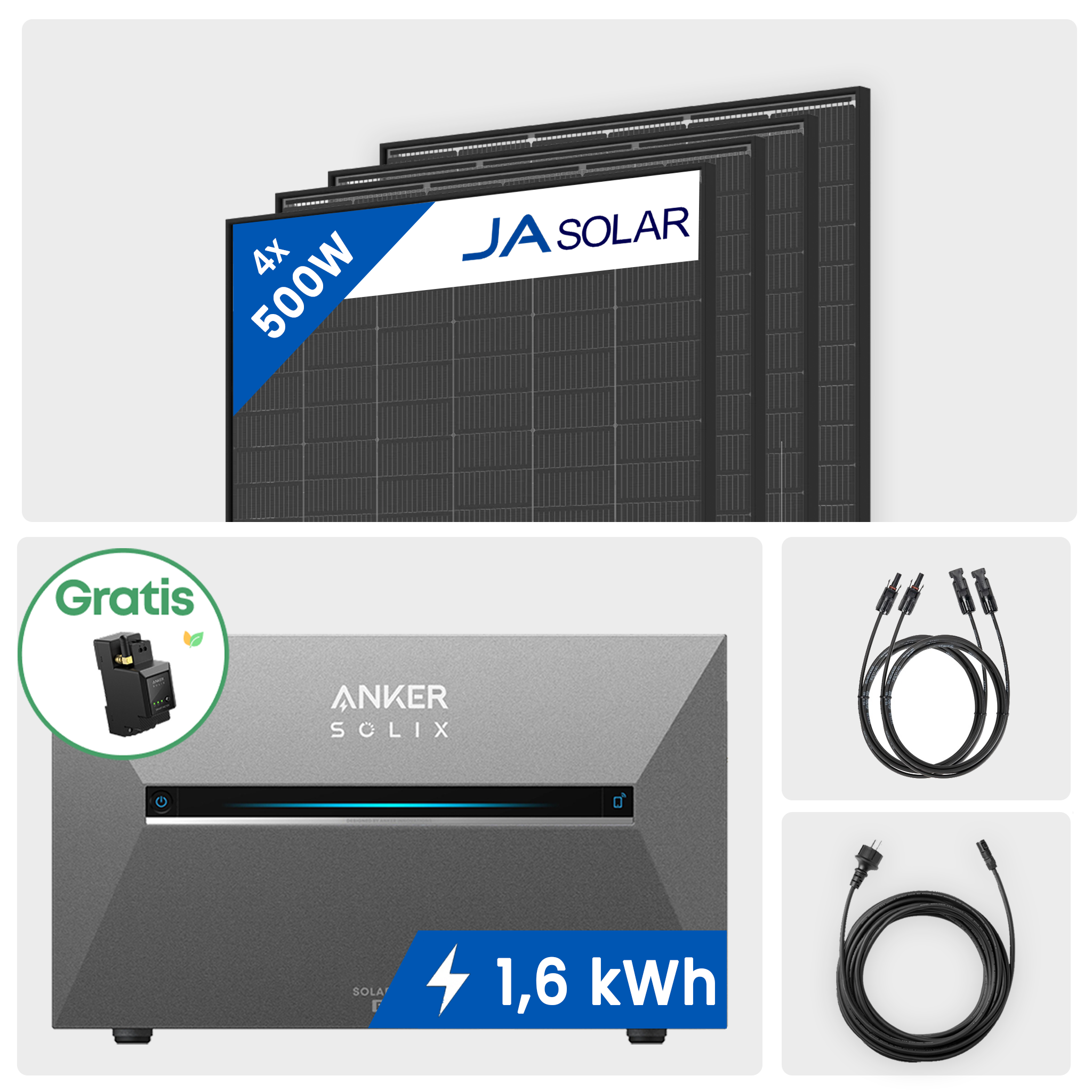 2000W Balkonkraftwerk mit Speicher - 4x JA Solar 5000W Bifazial Full Black & Anker Solix Solarbank 2 Pro