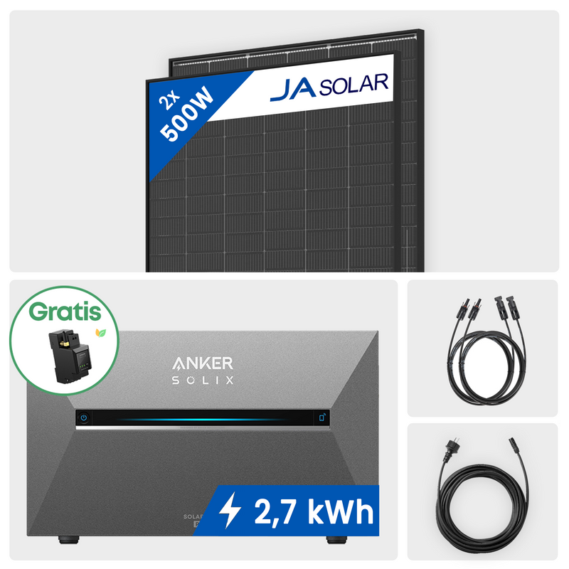 1000W Balkonkraftwerk mit Speicher - 2x JA Solar 500W Bifazial Full Black & Anker Solix Solarbank 3 Pro