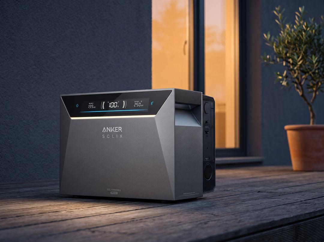 Anker SOLIX Solarbank Speicher auf einer Terrasse im Abendlicht
