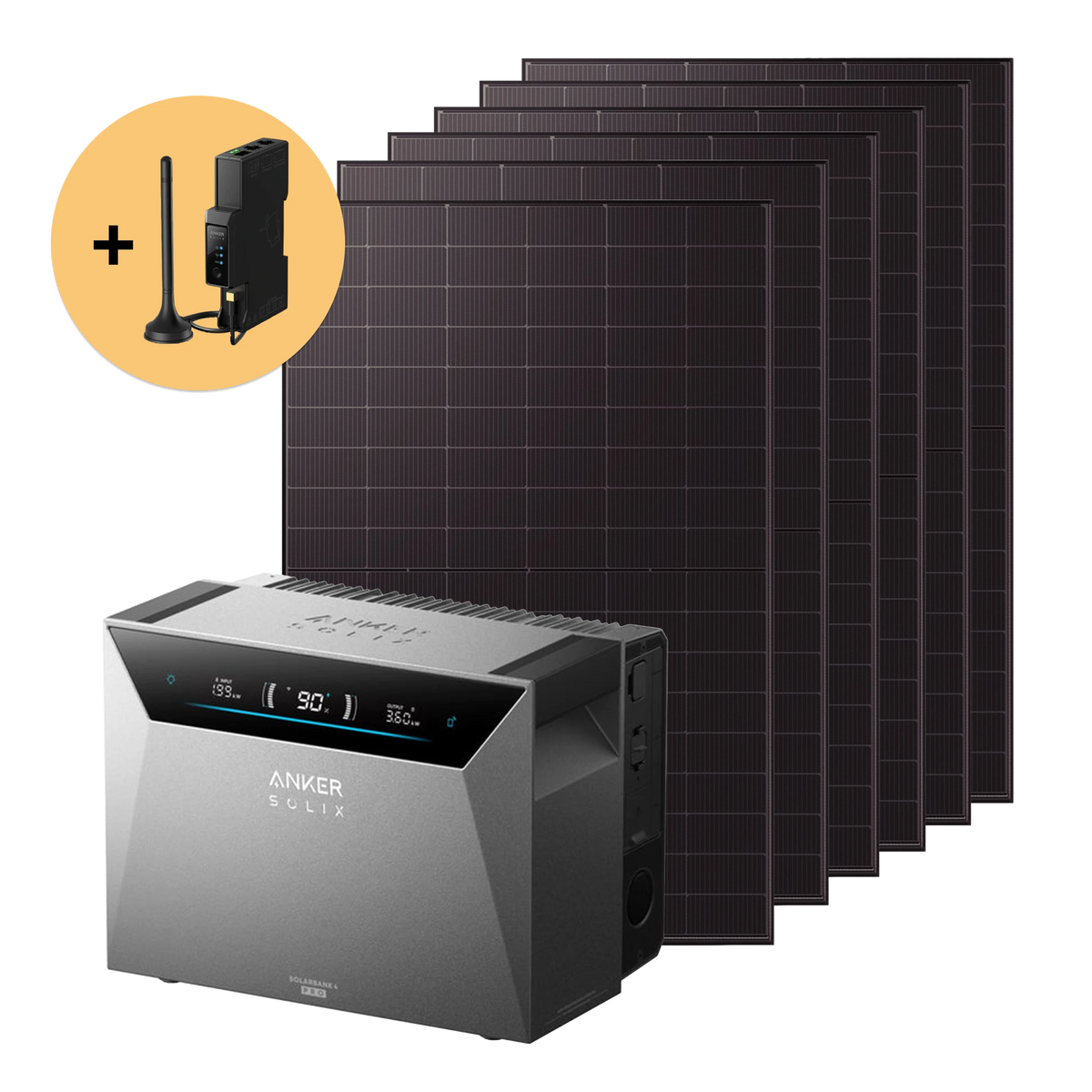 Balkonkraftwerk 3000 W Set mit sechs Solarmodulen und Anker SOLIX Solarbank 4 Pro Speicher