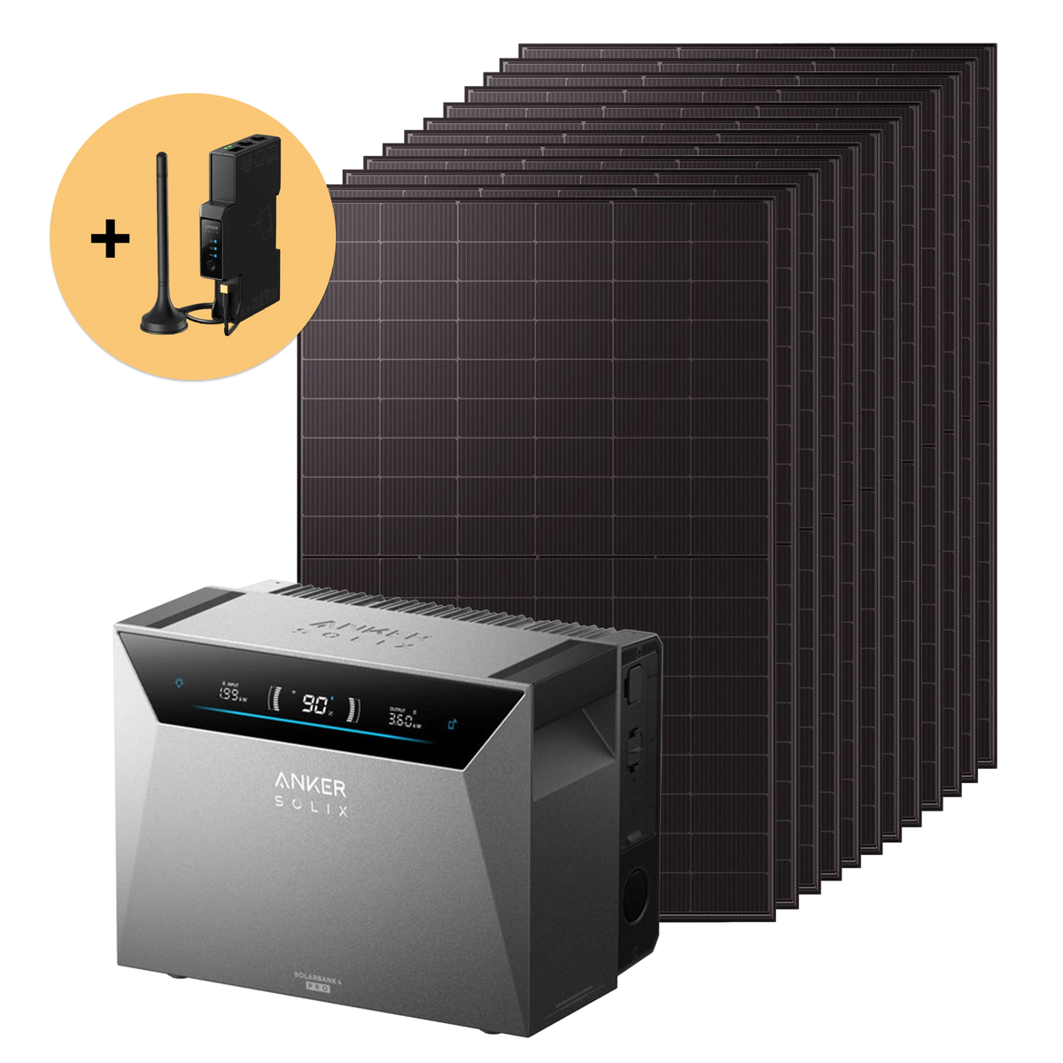 Balkonkraftwerk 6000 W Set mit zwölf Solarmodulen und Anker SOLIX Solarbank 4 Pro Speicher