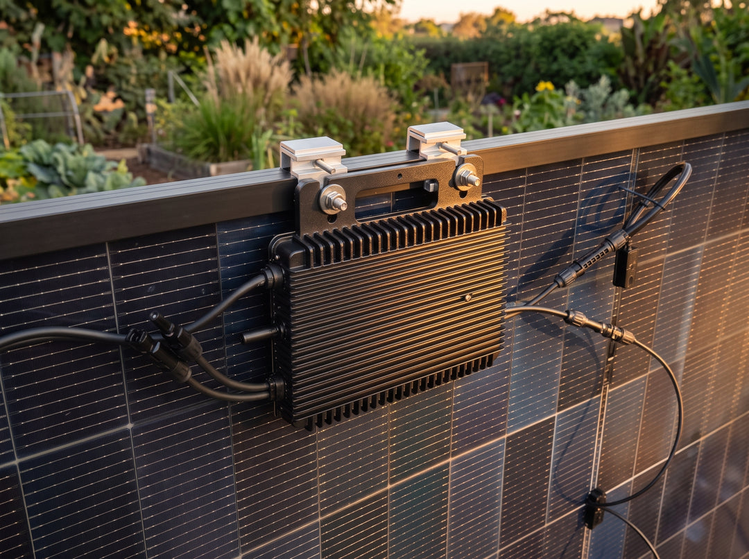 Hoymiles Mikrowechselrichter mit 800 VA am Rahmen eines Solarmoduls montiert