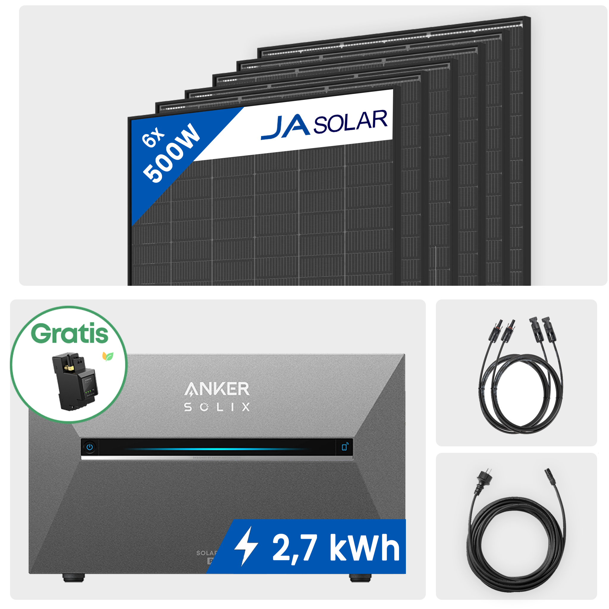 3000W Balkonkraftwerk mit Speicher - 6x JA Solar 500W Bifazial Full Black & Anker Solix Solarbank 3 Pro