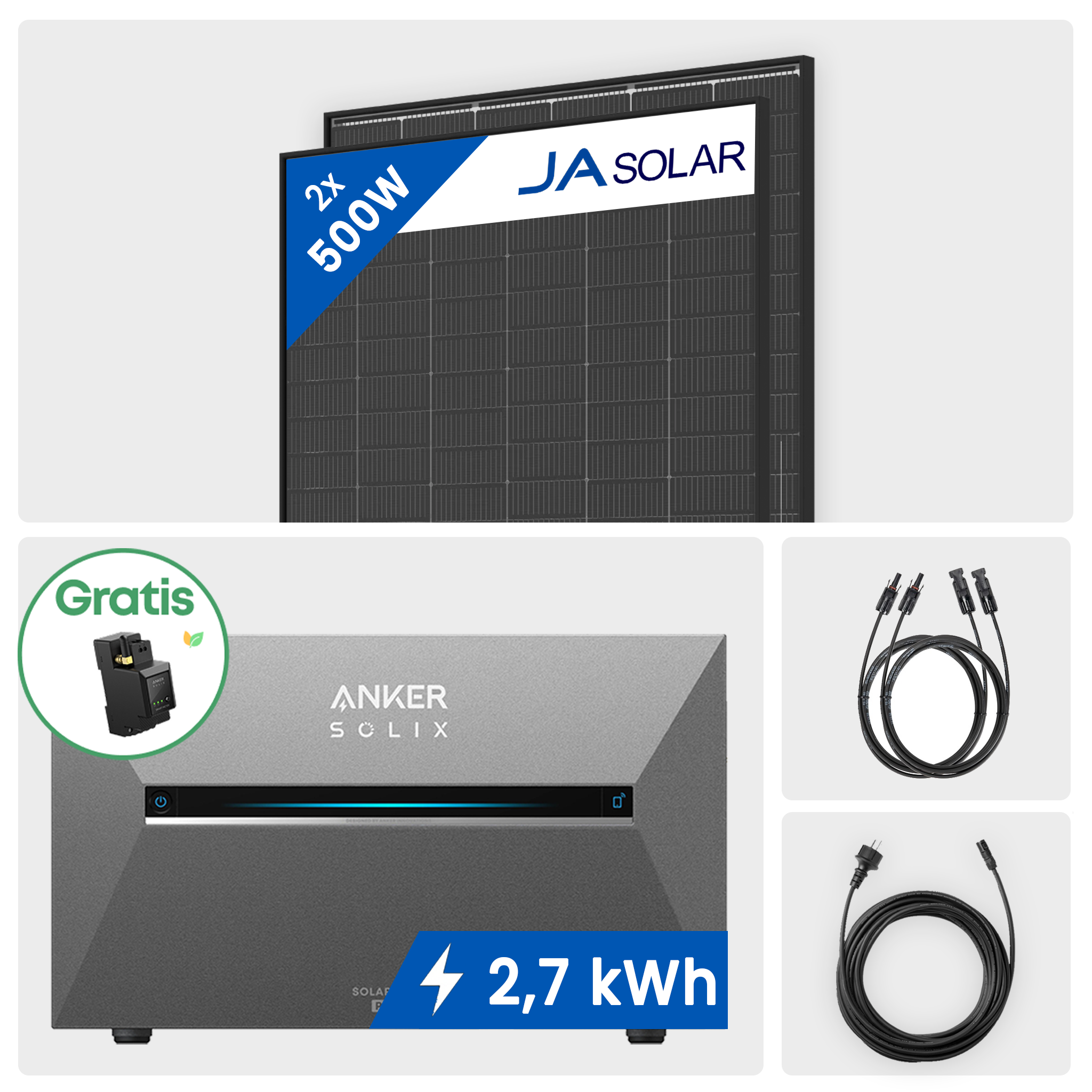 1000W Balkonkraftwerk mit Speicher - 2x JA Solar 500W Bifazial Full Black & Anker Solix Solarbank 3 Pro