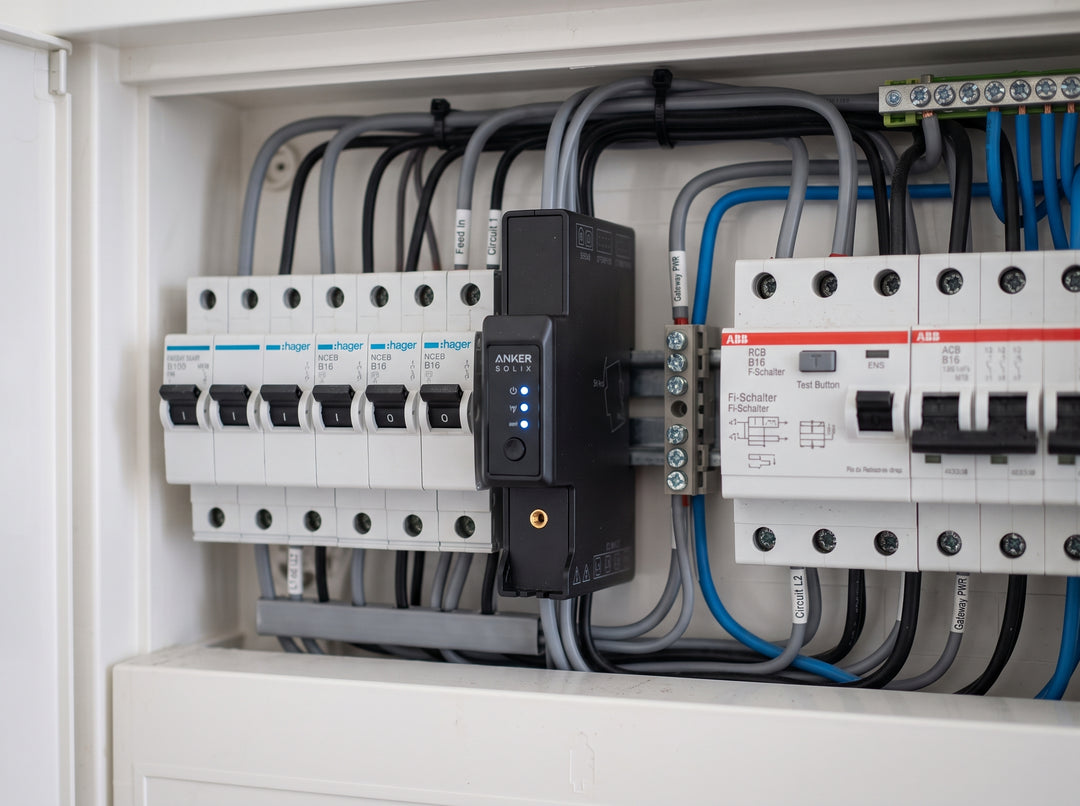 Smart Meter für Balkonkraftwerke auf der Hutschiene im Verteilerkasten