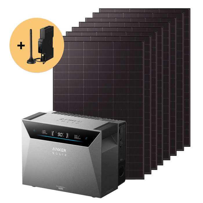 Balkonkraftwerk 4000 W Set mit acht Solarmodulen und Anker SOLIX Solarbank 4 Pro Speicher