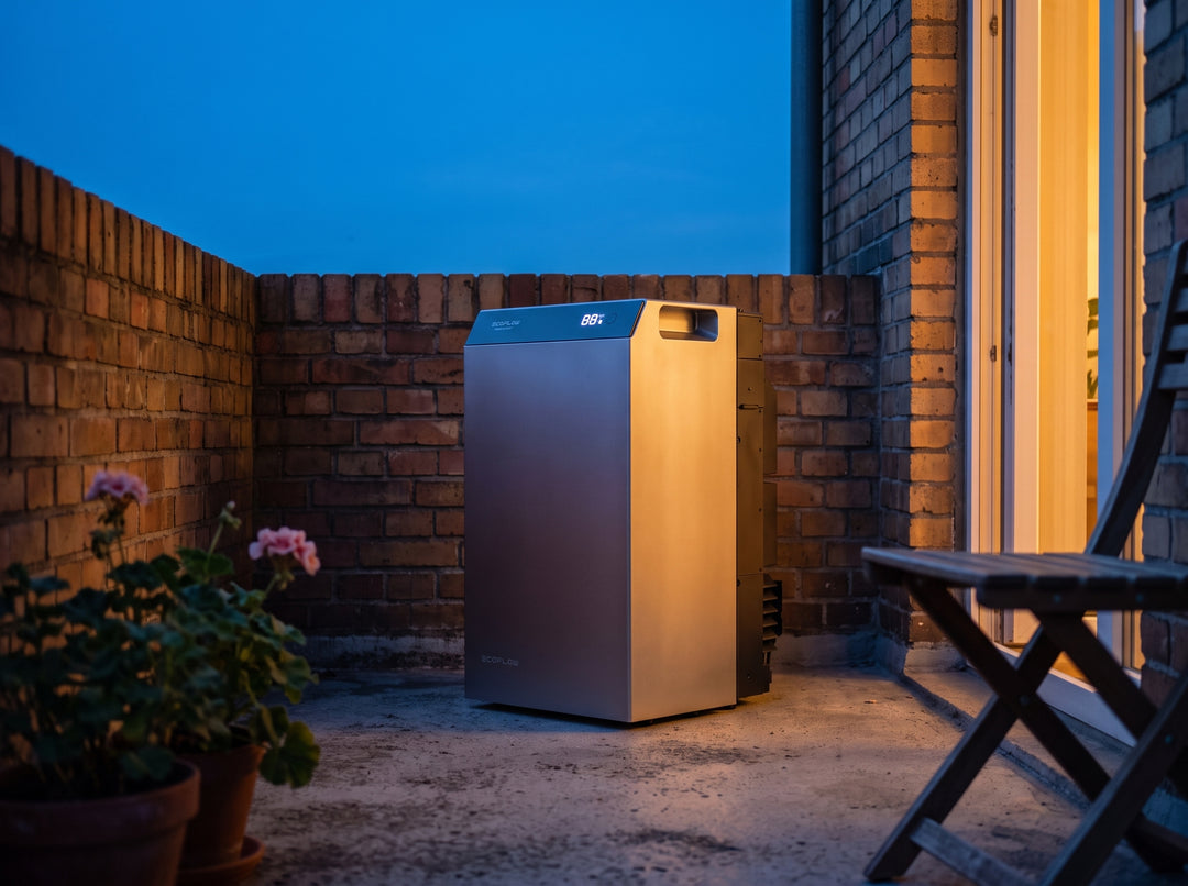 EcoFlow STREAM Ultra Speicher auf einem Balkon mit Blick über die Stadt