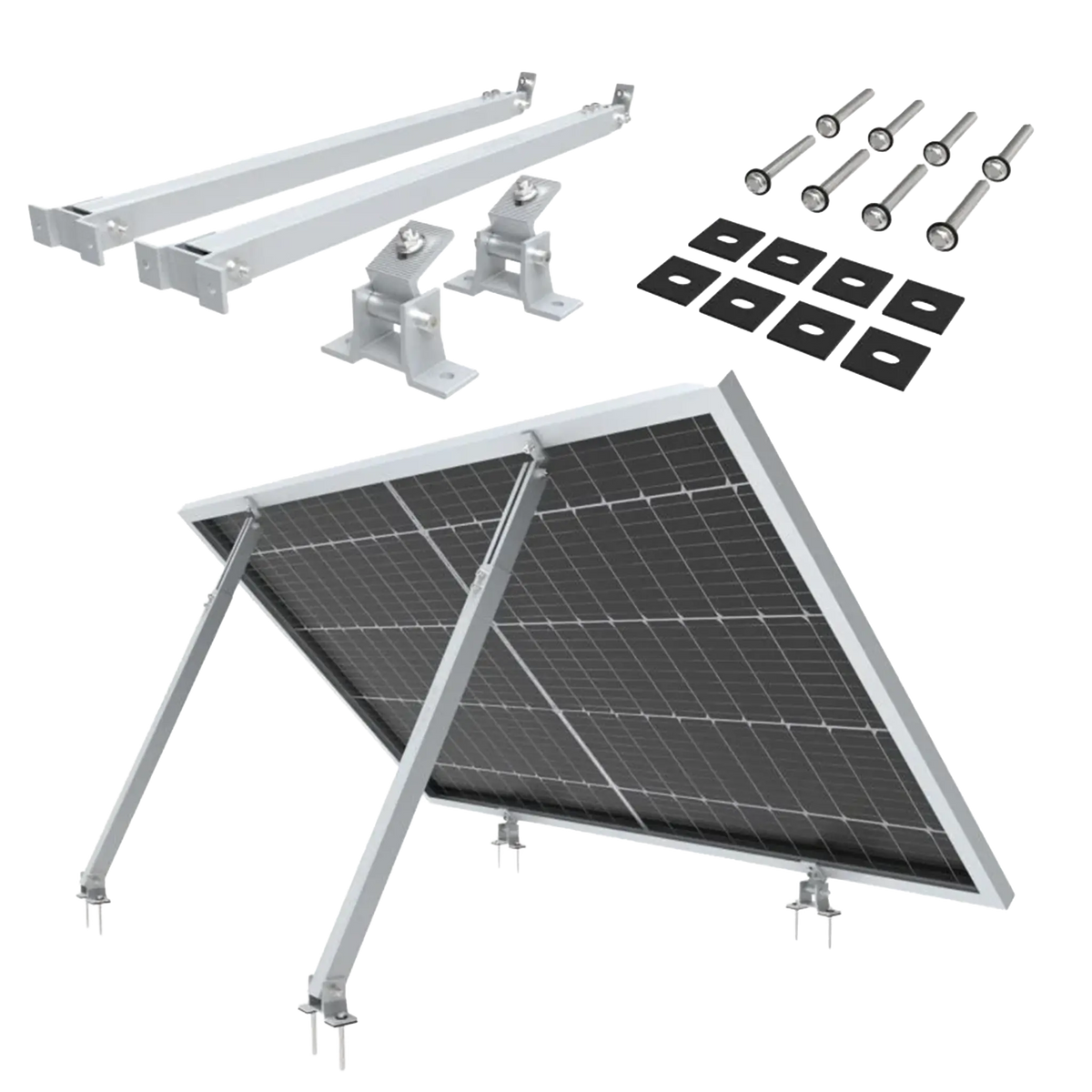 Flachdachhalterung mit aufgeständertem Solarmodul und Montageteilen