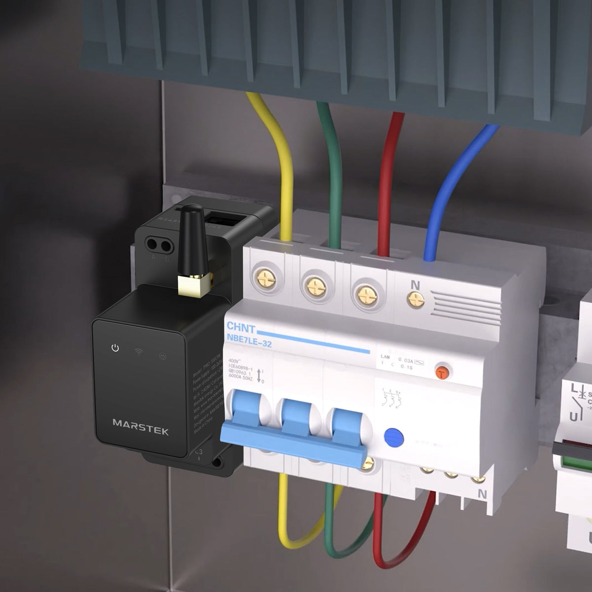 Marstek CT002 Smart Meter neben dem Leitungsschutzschalter im Zählerschrank