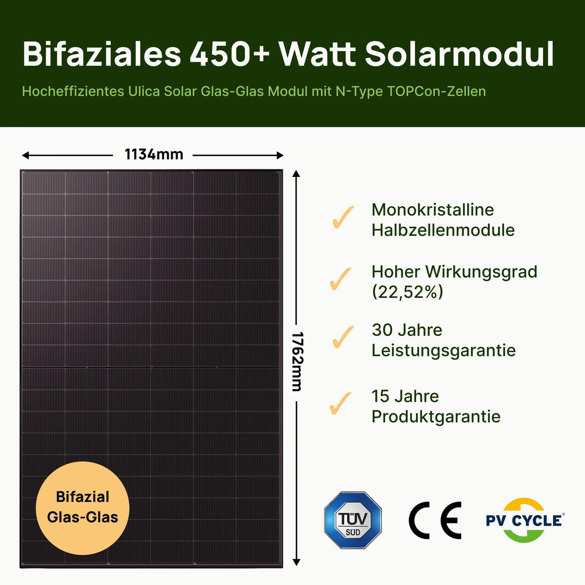 Ulica Solar Black Jade 450 W Full-Black Bifazial-Solarmodul mit N-Type TOPCon-Zellen